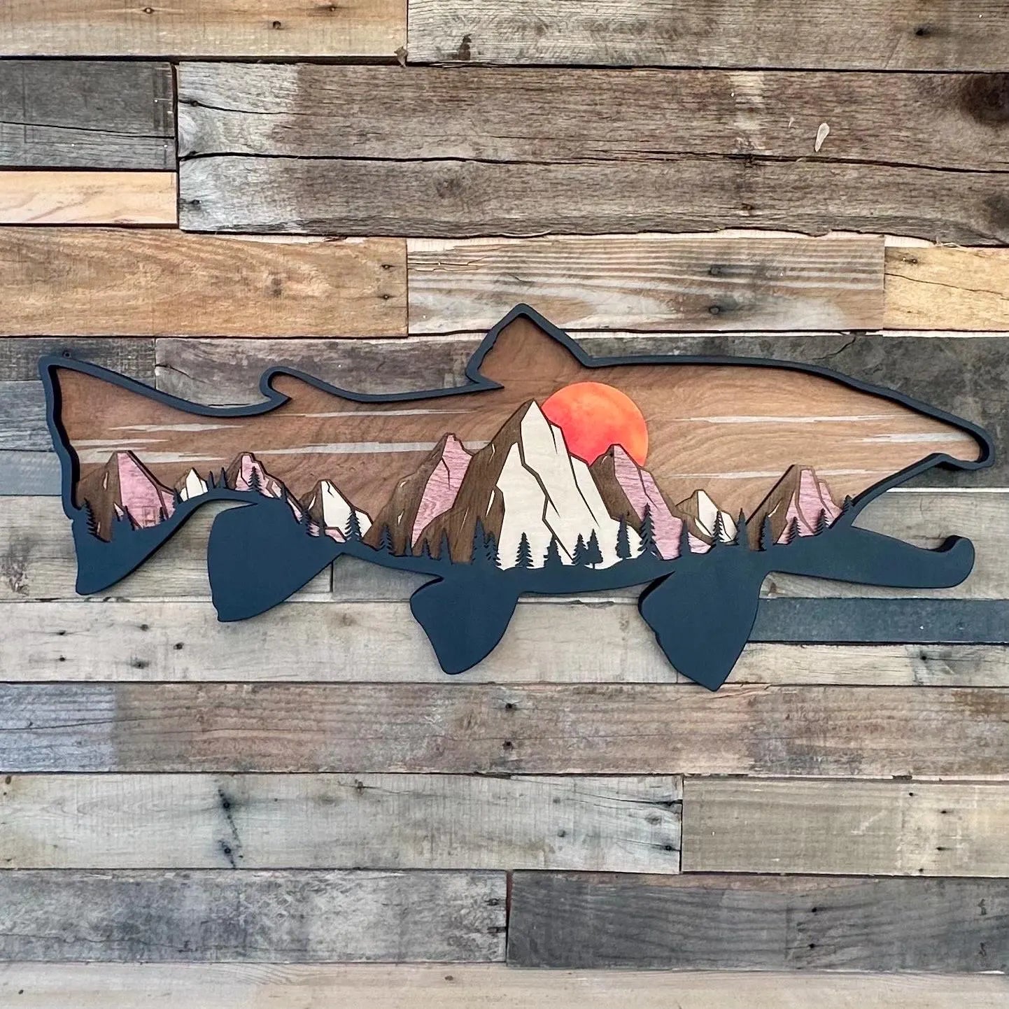 Wood Trout Sunset Mountain Scene