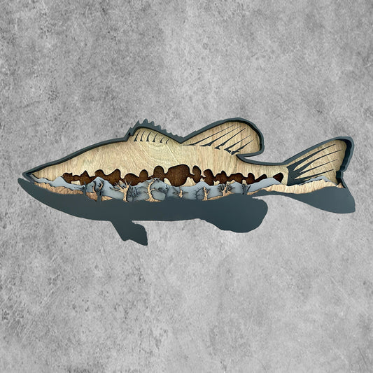 This bass design has an engraved back drop with painted back fins. Each layer is cut out, stained, and then assembled to form a very unique piece of art for any room in the house. 