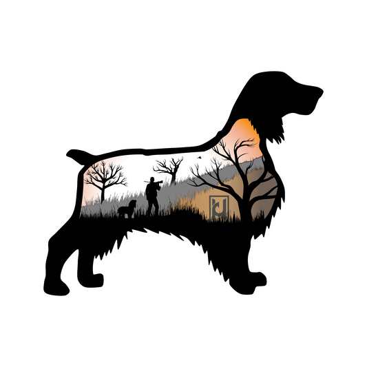 Boykin Spaniel sticker features a hunter with dog surrounded by trees.