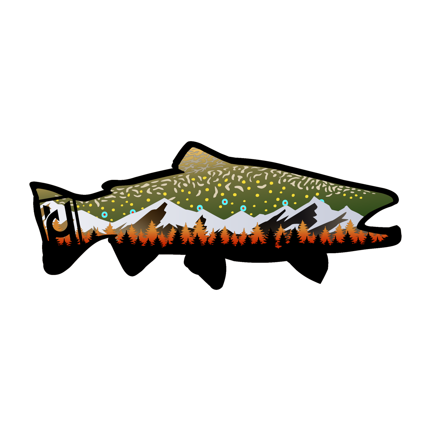 Brook Trout sticker modeled after our wood art! Features the beautiful colors of the brook trout along with mountain and pine tree accents. 