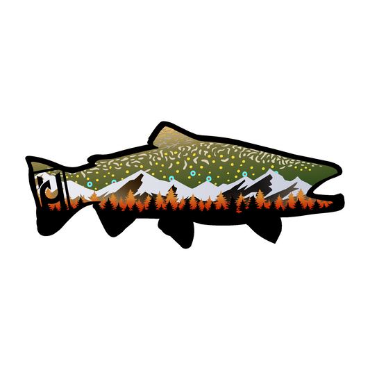 Brook Trout sticker modeled after our wood art! Features the beautiful colors of the brook trout along with mountain and pine tree accents. 