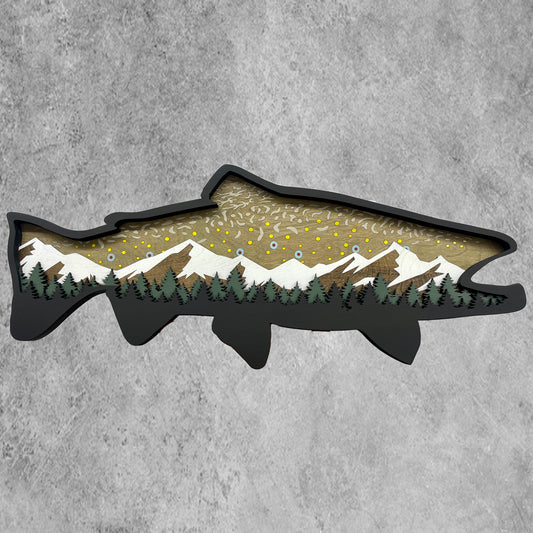 Brook Trout hand-made wood art. Features a black border that really makes the dimensional snow-capped mountains and pine trees POP. 