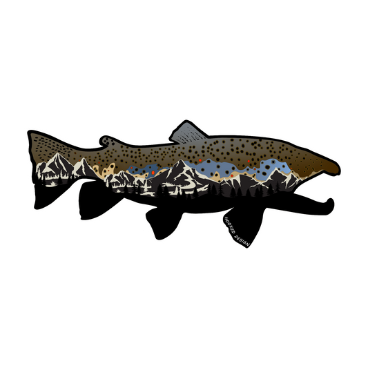  Brown Trout 2.0 sticker modeled after our wood art! Features the beautiful features of the brown trout along with mountain and pine tree accents. 