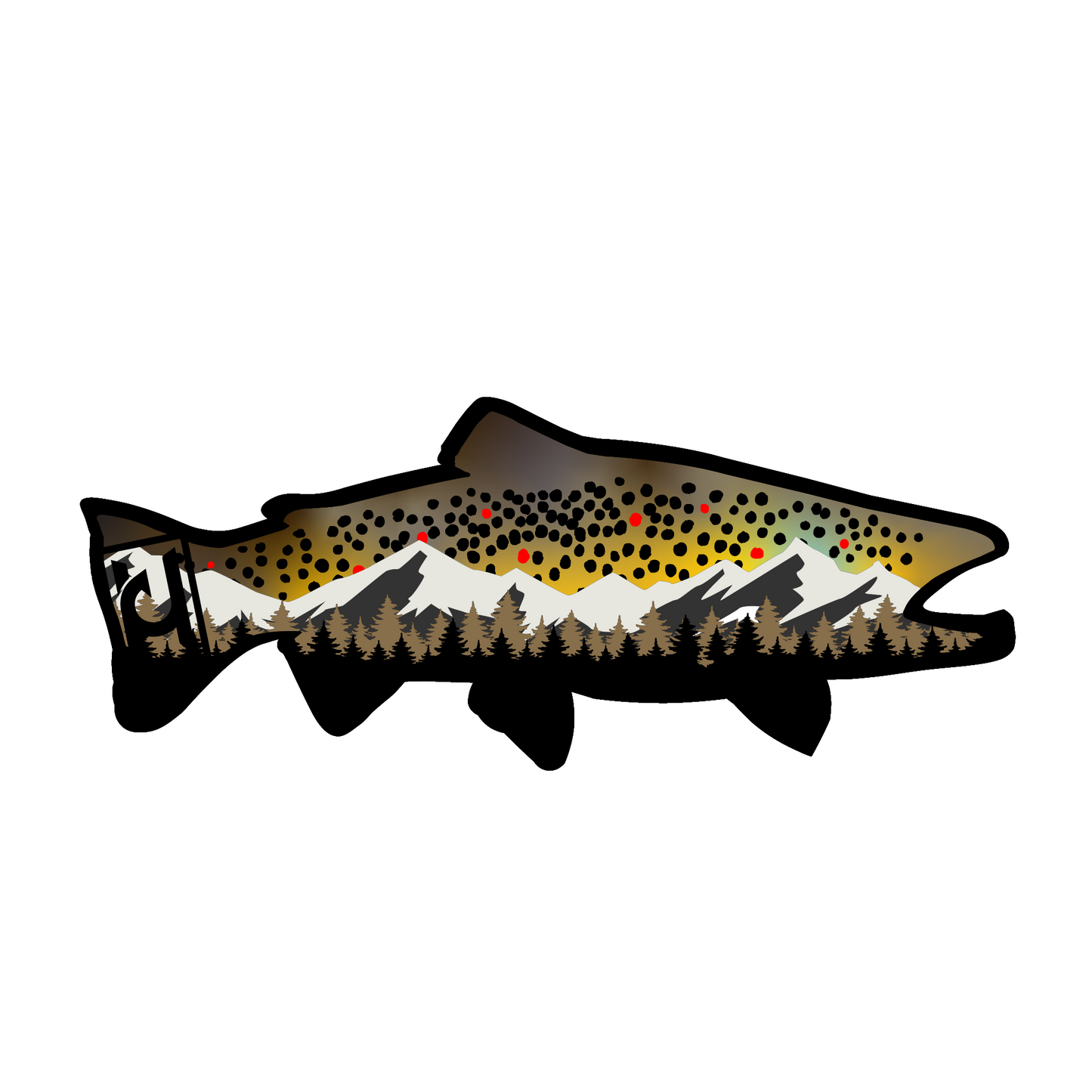 Brown Trout sticker modeled after our wood art! Includes the beautiful features of the brown trout along with mountain and pine tree accents. 