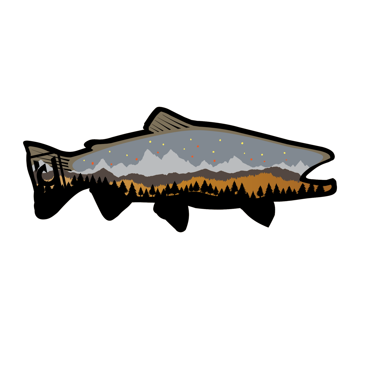 Bull Trout sticker modeled after our wood art! Includes the beautiful features of the Bull Trout along with mountain and pine tree accents. 