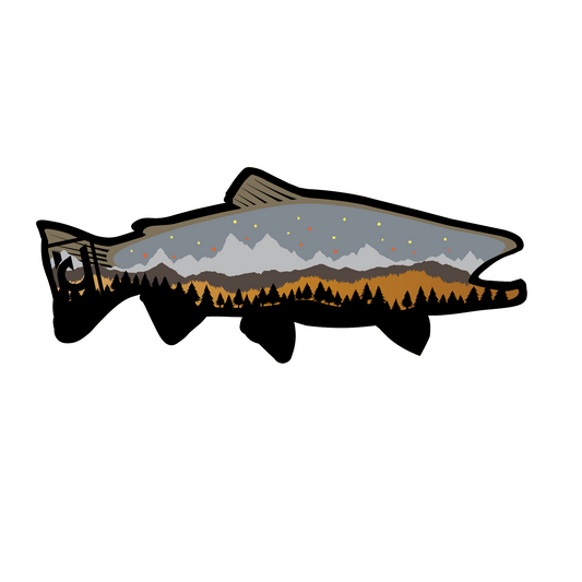 Bull Trout sticker modeled after our wood art! Includes the beautiful features of the Bull Trout along with mountain and pine tree accents. 