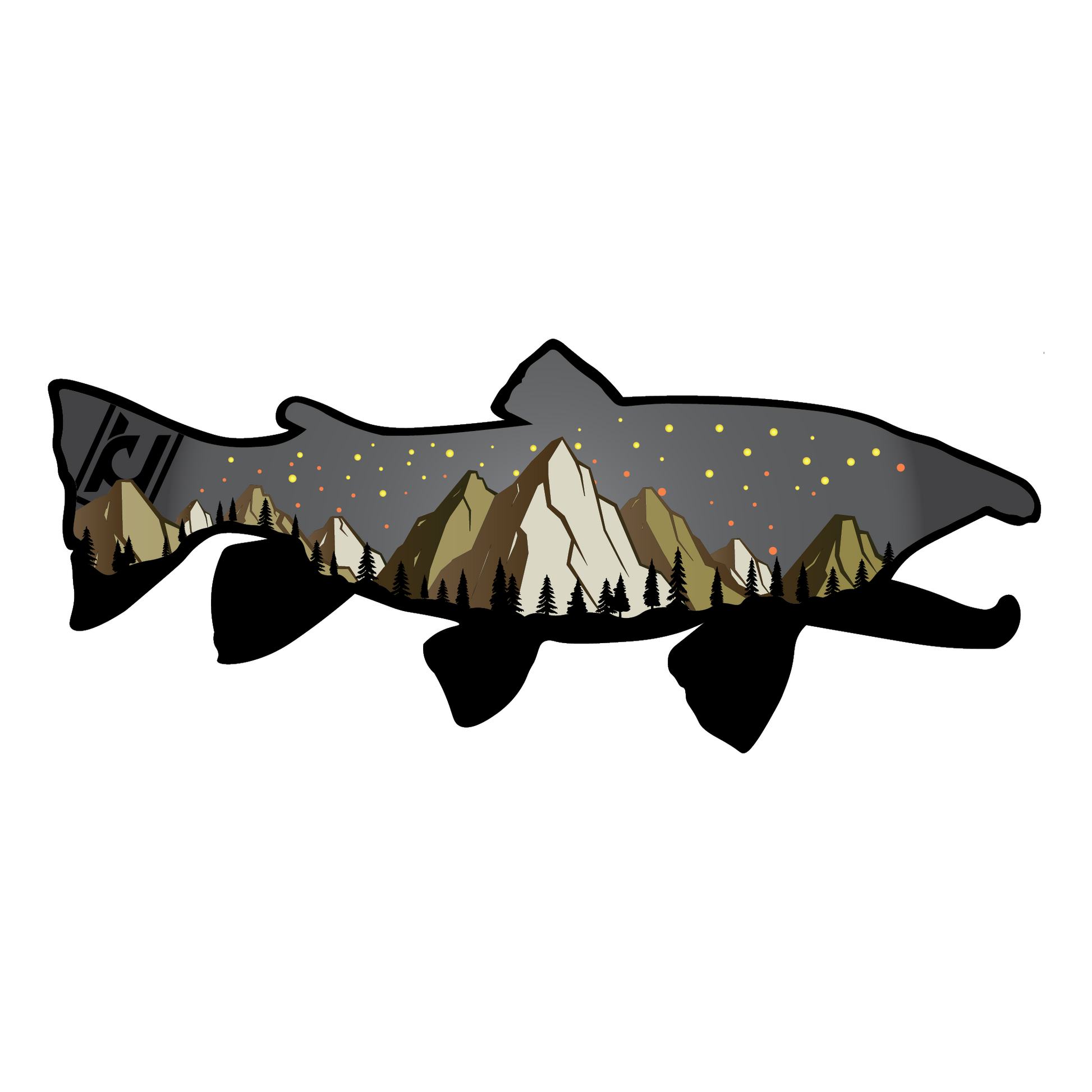 Bull Trout sticker modeled after our wood art! Includes the beautiful features of the Bull Trout along with mountain and pine tree accents.