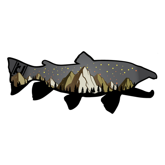 Bull Trout sticker modeled after our wood art! Includes the beautiful features of the Bull Trout along with mountain and pine tree accents.