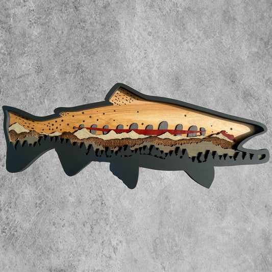 Califronia Golden Trout wood art with black border that beautifully complements its dimensional snow-capped mountains and pine trees and the intricate California Golden Trout spots and colors.