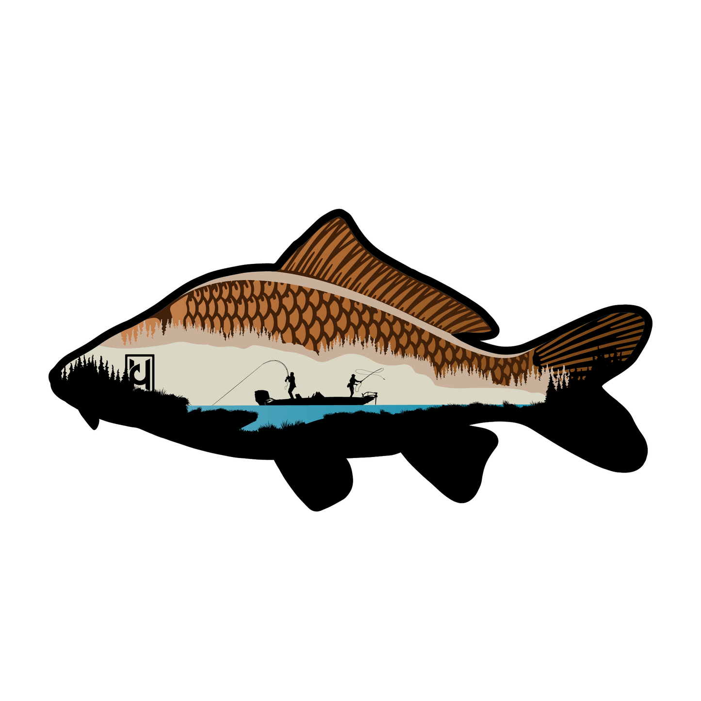 Carp sticker modeled after our wood art! Includes the beautiful features of the Carp along with a boat fishing scene with two anglers out enjoying the water.
