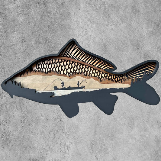 The Carp design displays neutrally-hued laser engraved scales, depicting two anglers in a boat and the pursuit of carp. Adorned with a black acrylic paint finish.