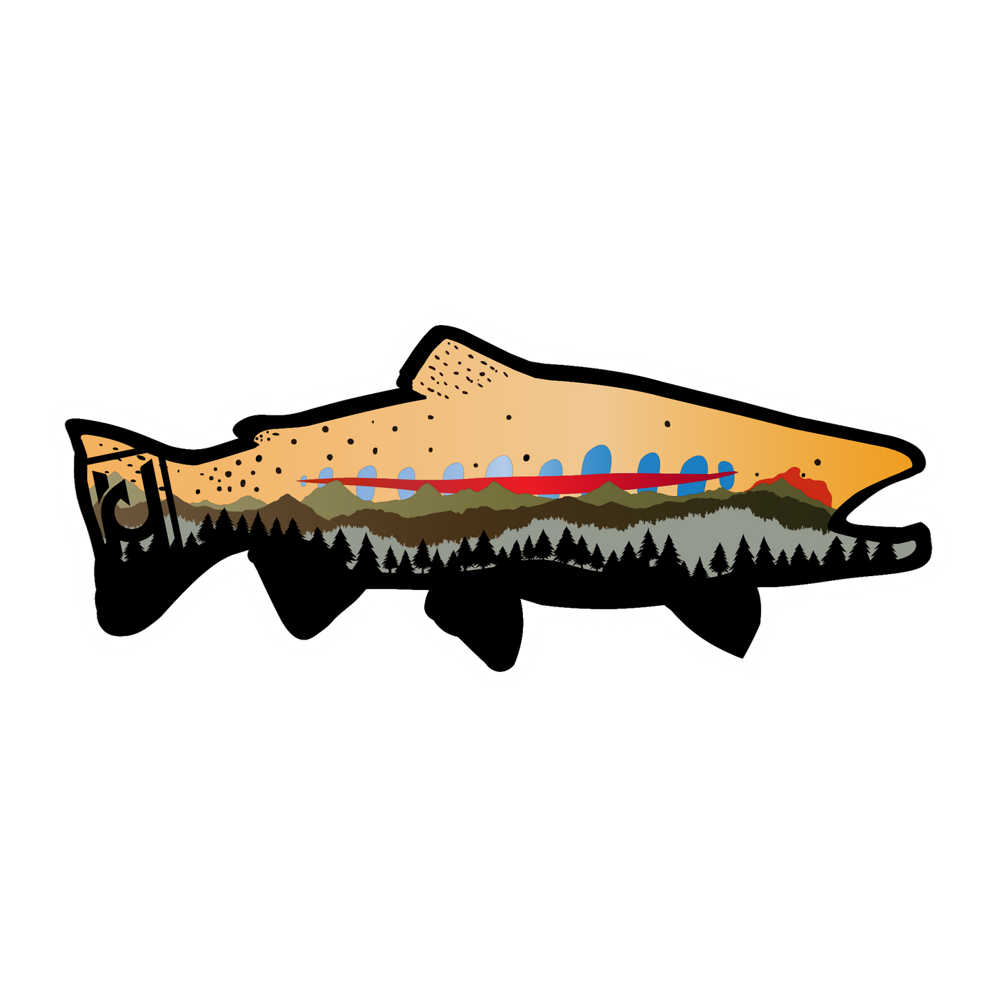California Golden Trout sticker modeled after our wood art! Includes the beautiful features of the California Golden Trout along with mountain and pine tree accents.