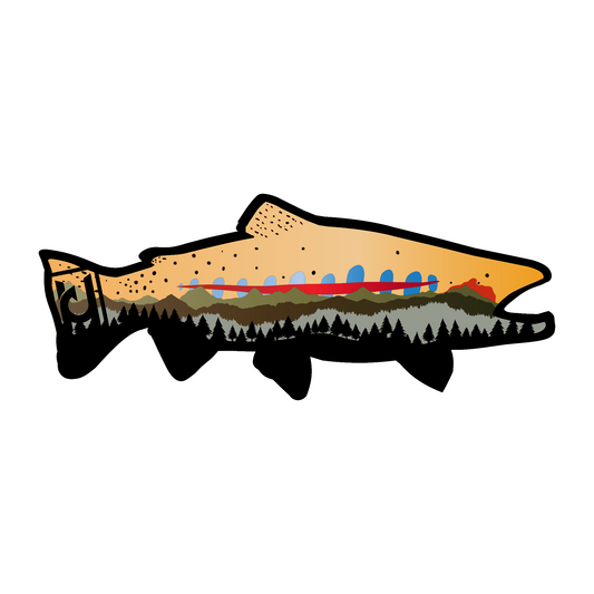 California Golden Trout sticker modeled after our wood art! Includes the beautiful features of the California Golden Trout along with mountain and pine tree accents.
