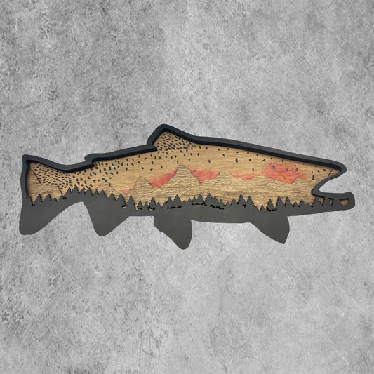 Cutthroat Trout wood art featuring Teton mountains, pine trees and the unique Cutthroat colors.