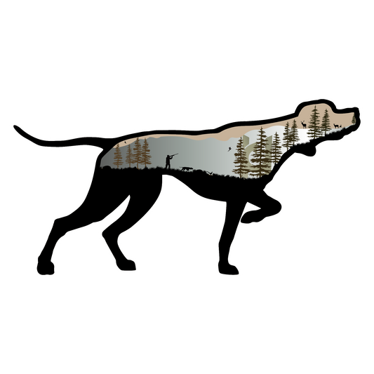 English Pointer sticker featuring mountains, pine trees and a hunter and their dog.
