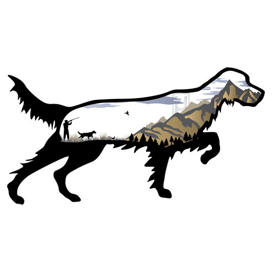 English Setter sticker featuring a mountain hunting scene!