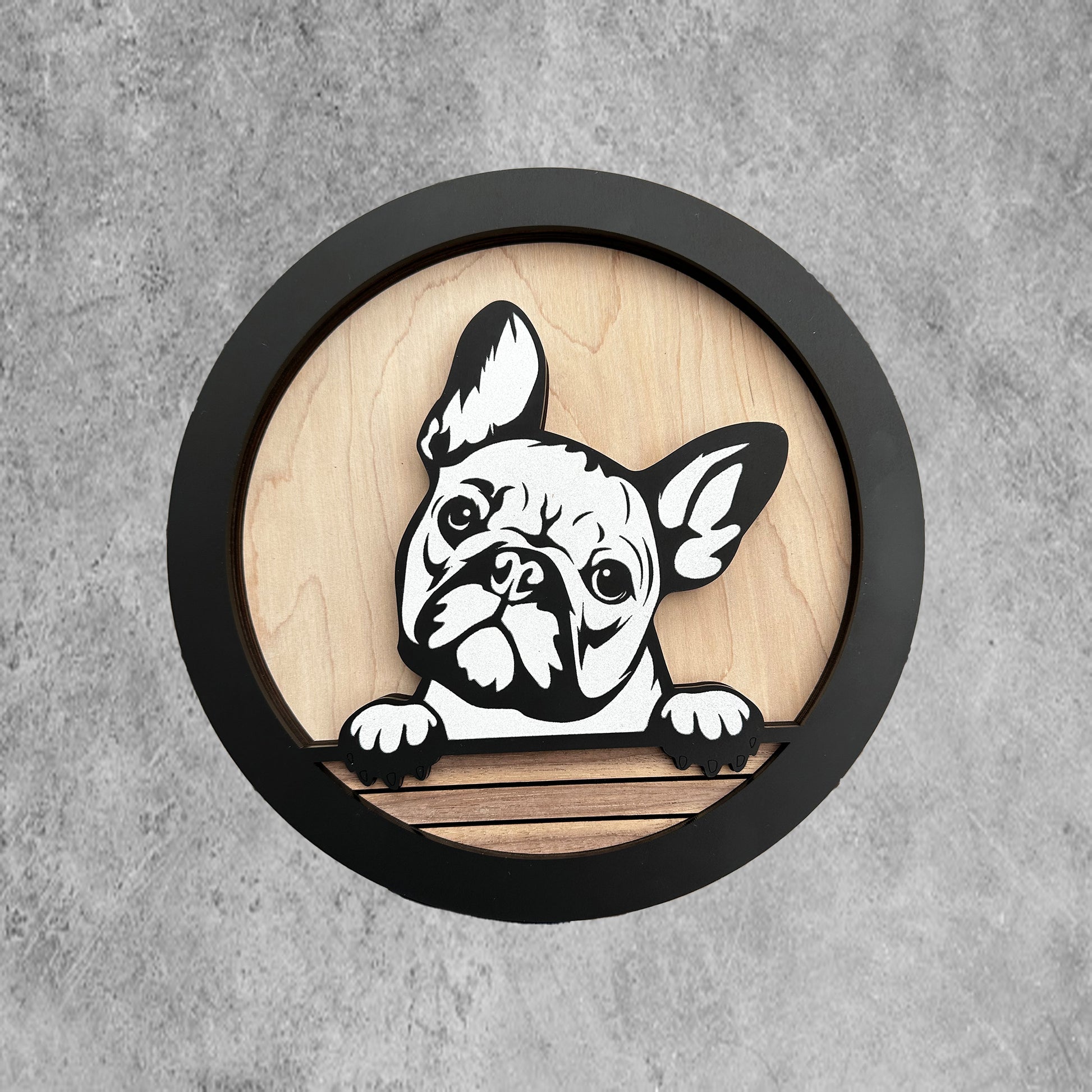 Our 3D Frenchie sign is constructed from wood and features an acrylic overlay