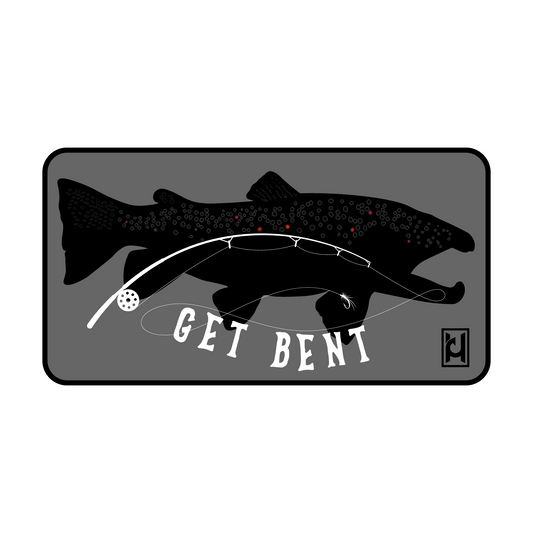 GET BENT! Trout sticker featuring fly rod.