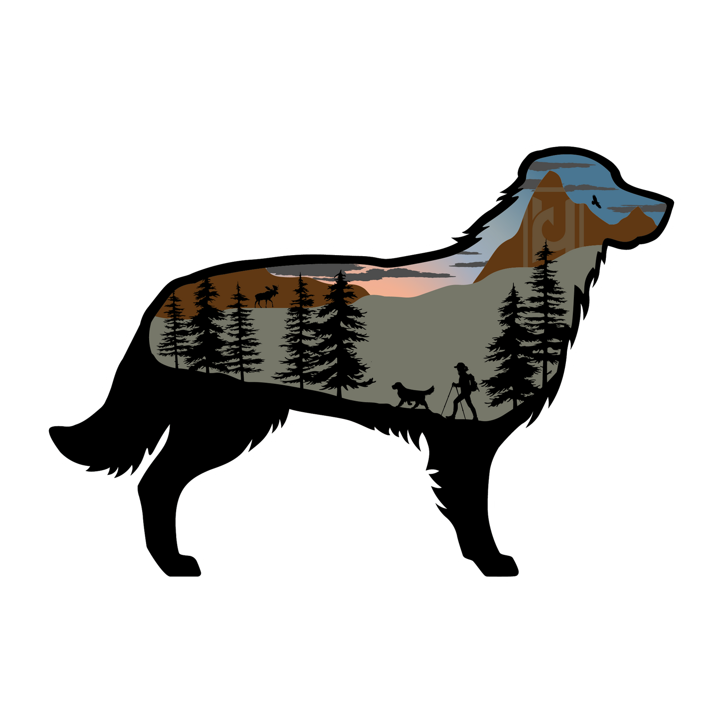 Golden Retriever sticker modeled after our wood art! Features trees, mountains, and dog hiking with owner.