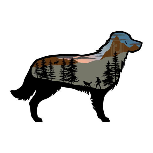 Golden Retriever sticker modeled after our wood art! Features trees, mountains, and dog hiking with owner.