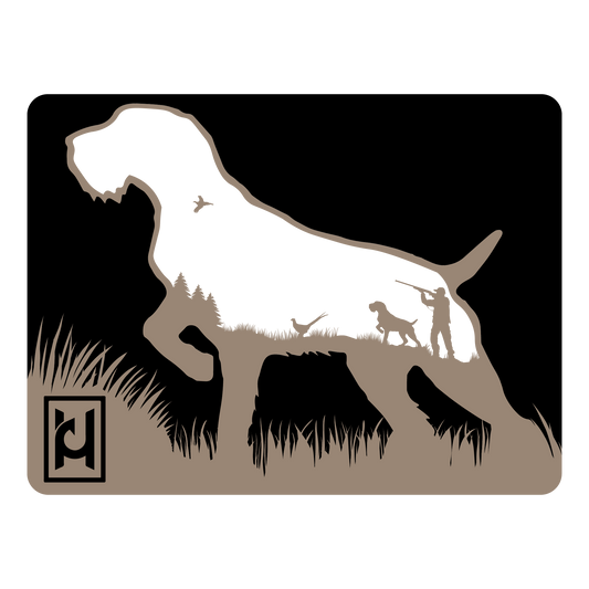 German Wirehaired Pointer sticker featuring a hunting scene with a hunter and their dog