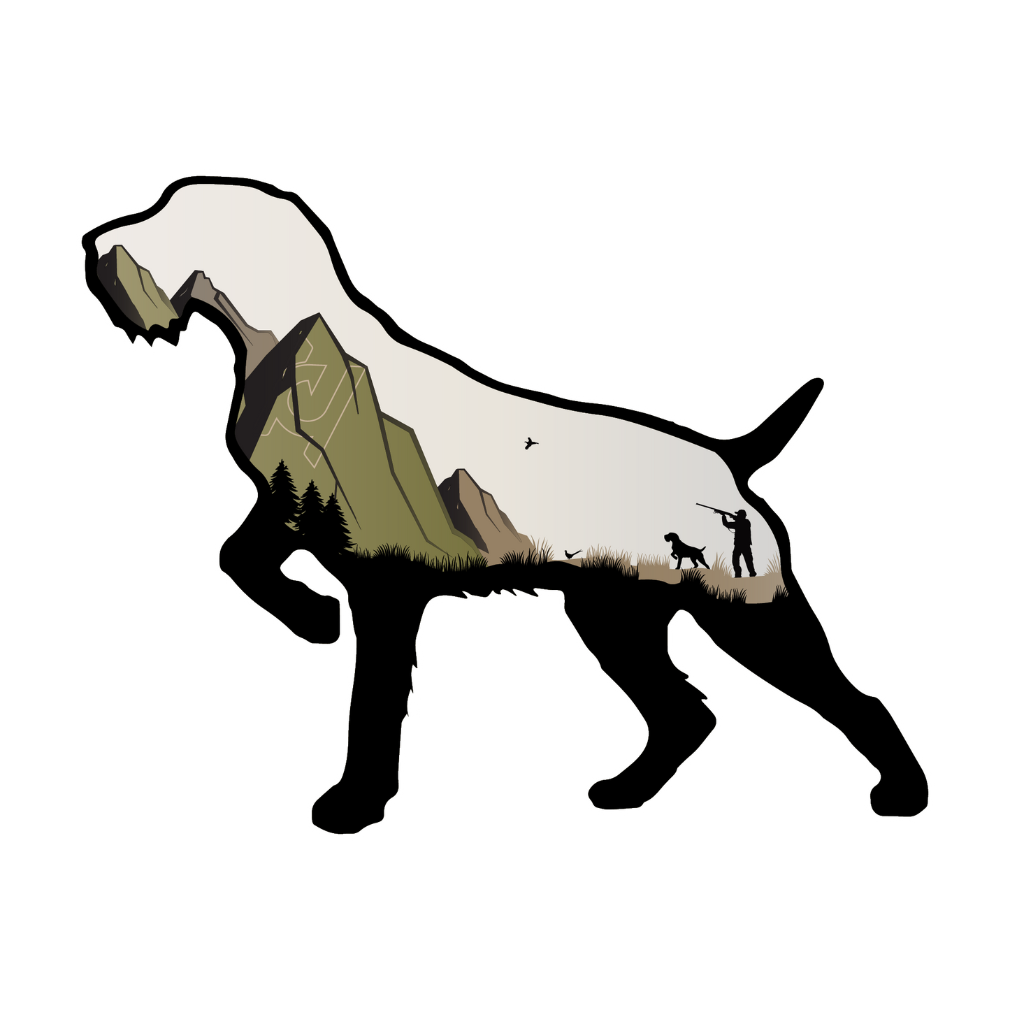 German Wirehaired Pointer sticker modeled after our wood art! Features a mountain / hunting scene.