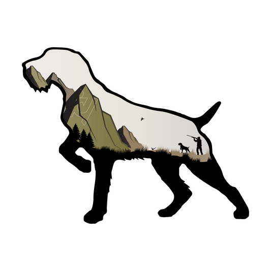 German Wirehaired Pointer sticker modeled after our wood art! Features a mountain / hunting scene.