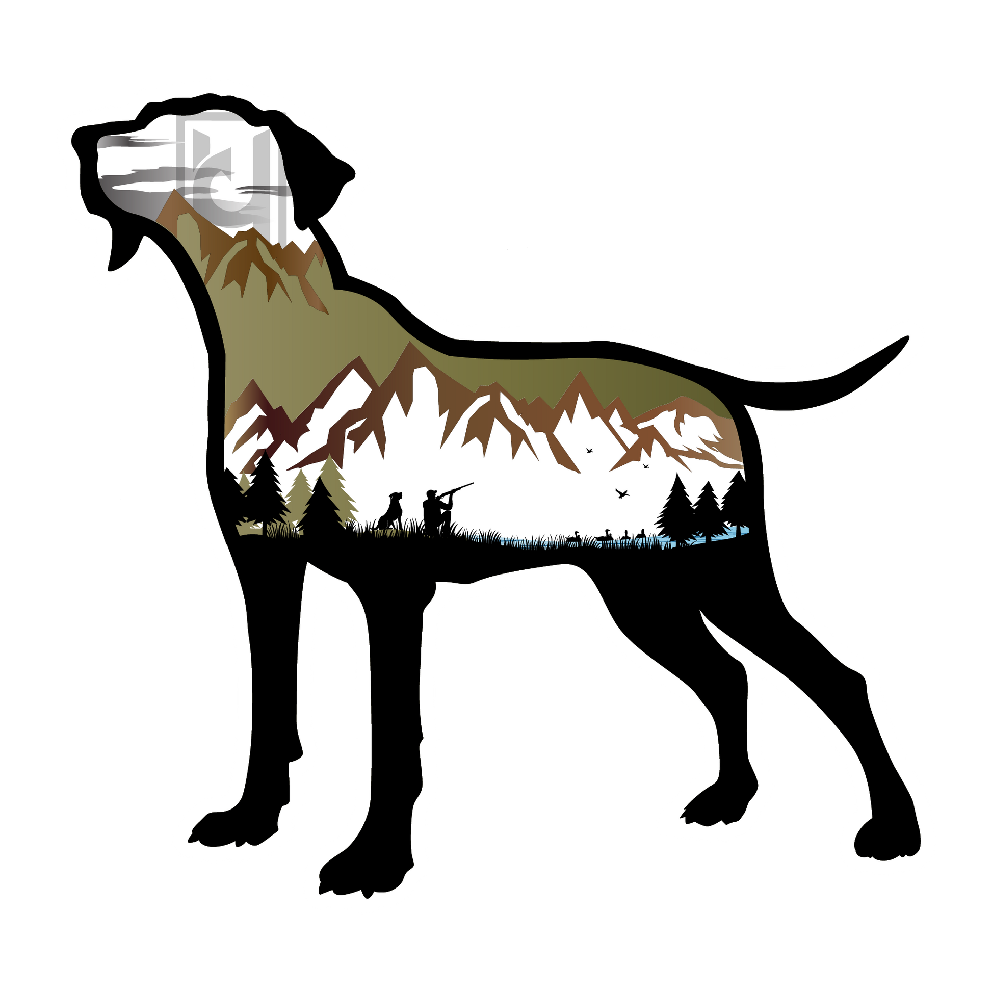 Labrador Retriever sticker featuring a mountain hunting scene.