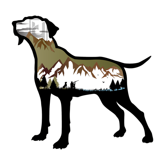 Labrador Retriever sticker featuring a mountain hunting scene.