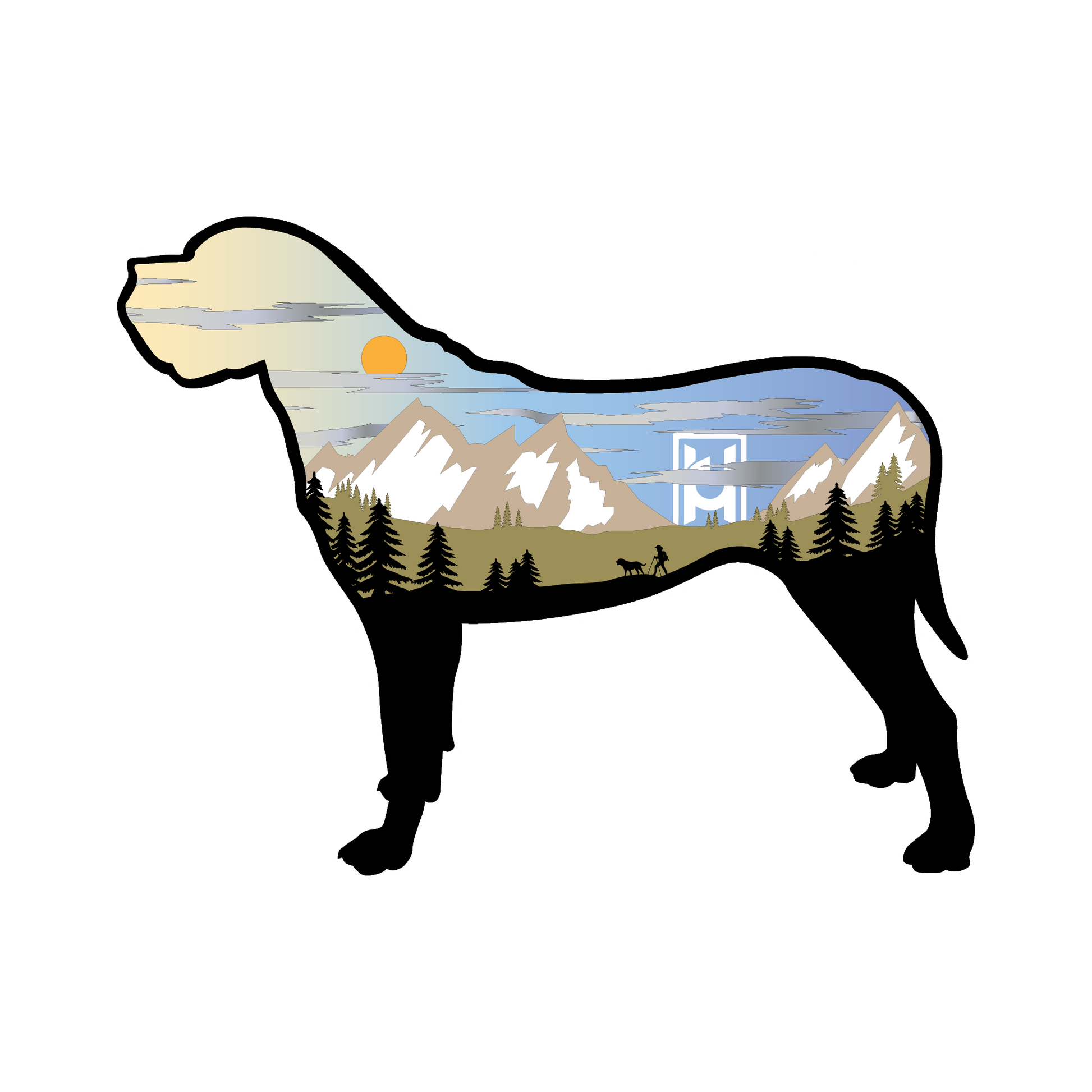 Mastiff sticker featuring a mountain scene with a hiker and dog.