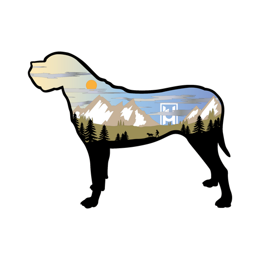 Mastiff sticker featuring a mountain scene with a hiker and dog.