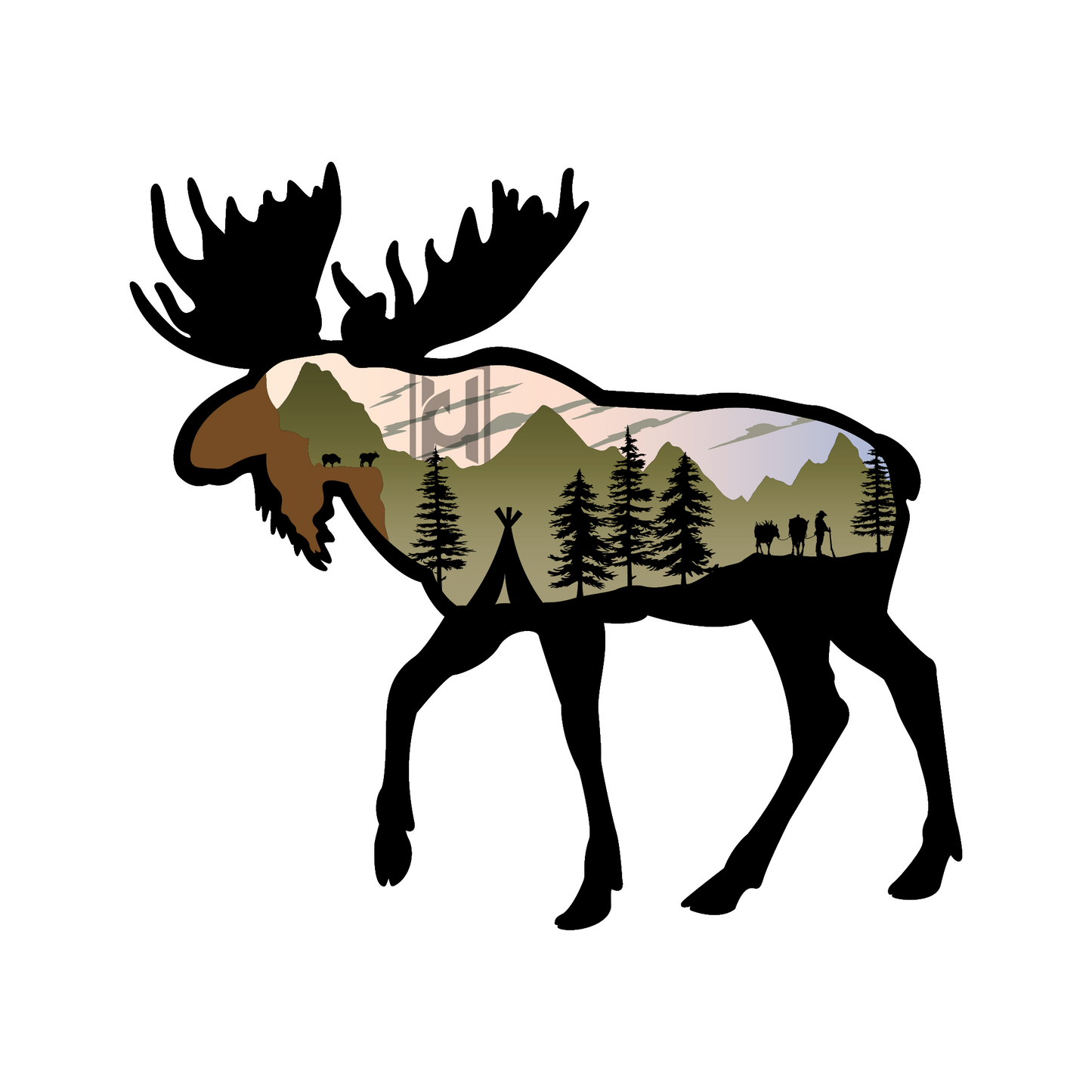 Moose sticker modeled after our wood art! Features a mountain camping scene.