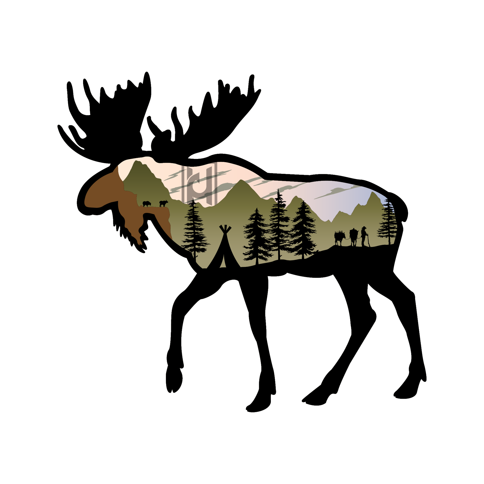 Moose sticker modeled after our wood art! Features a mountain camping scene.
