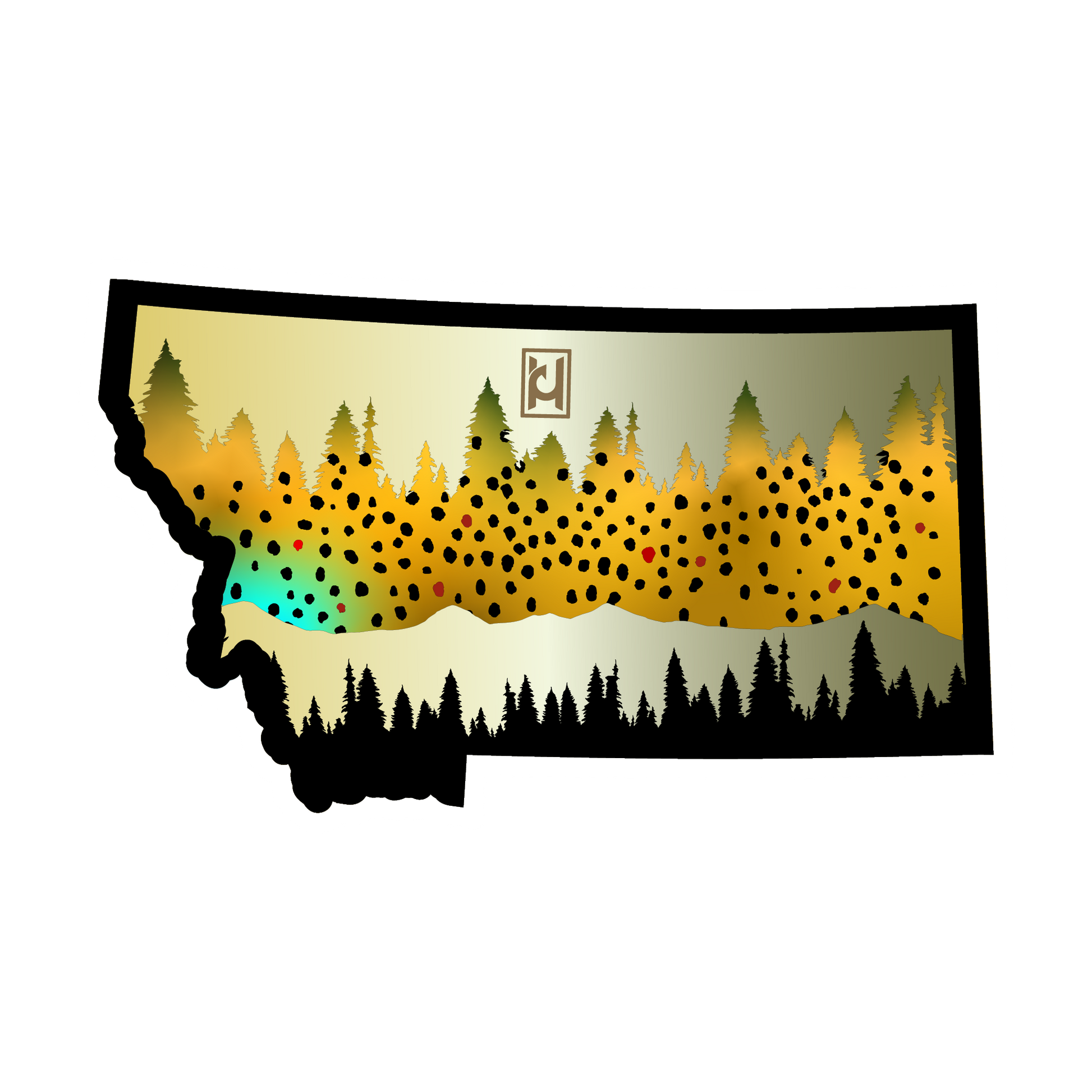 This one is for the Montana lovers! This sticker features the beautiful colors of a brown trout all in the shape of the great state Montana.