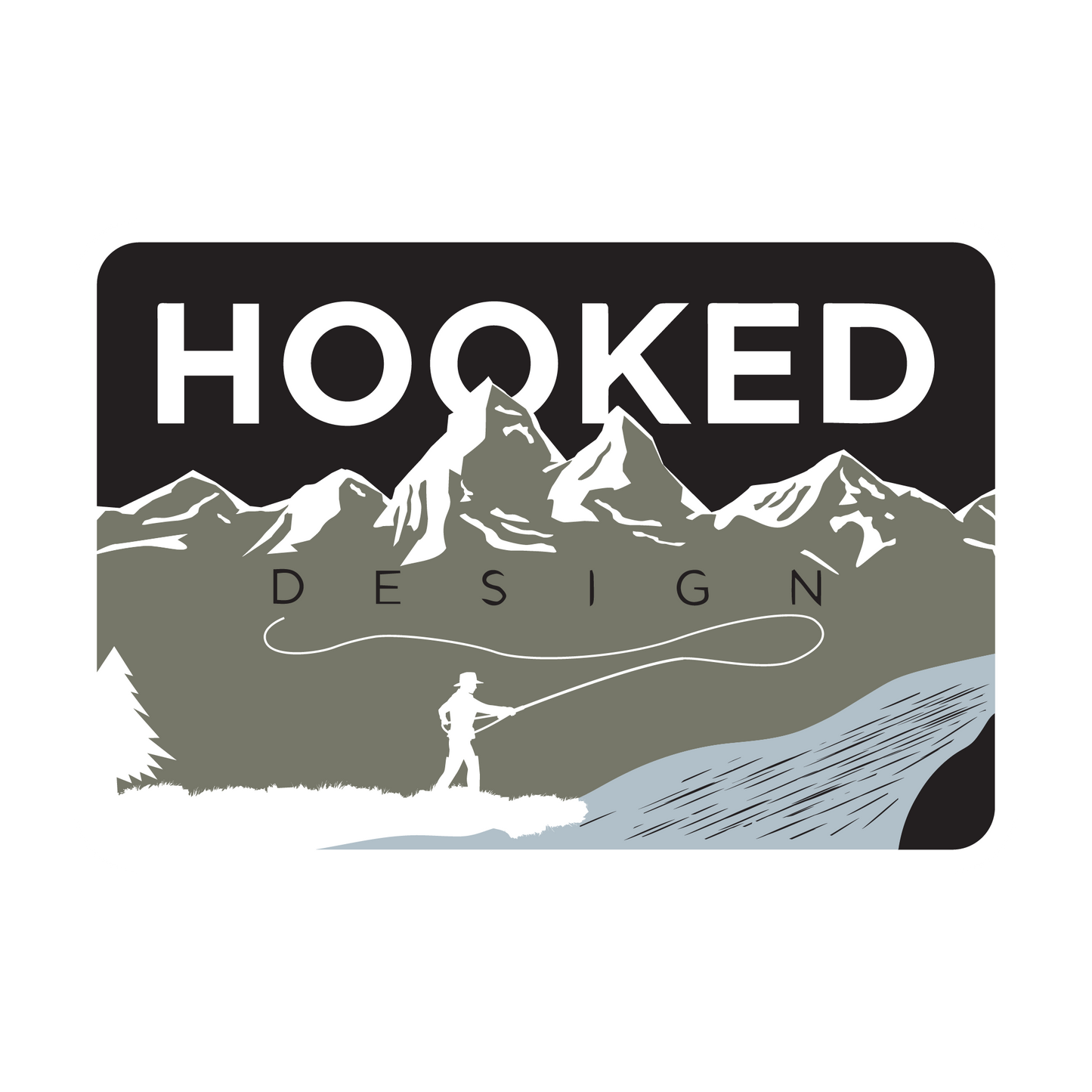 Hooked Design Mountain sticker featuring a mountain fly fishing scene.