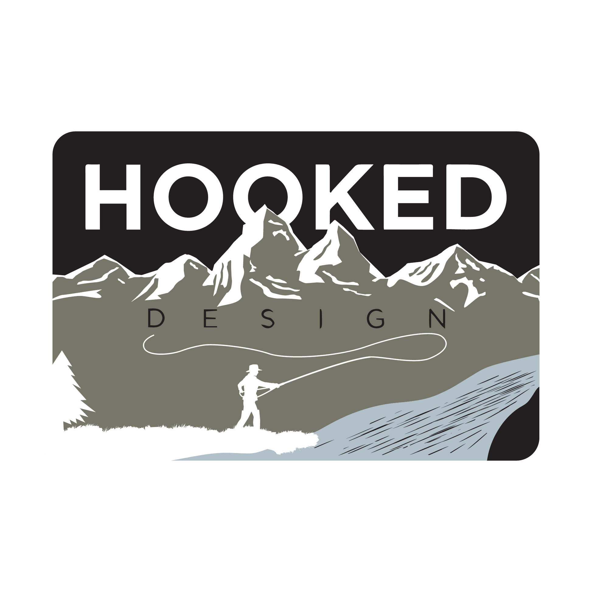 Hooked Design Mountain sticker featuring a mountain fly fishing scene.