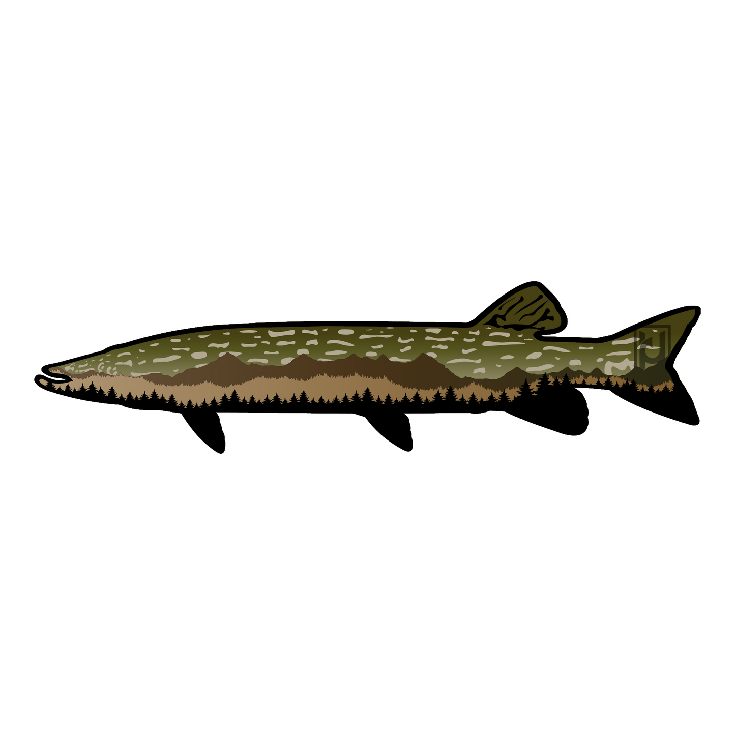 Northern Pike sticker modeled after our wood art! Includes the beautiful features of the Norther Pike accented with mountains and pine trees. 