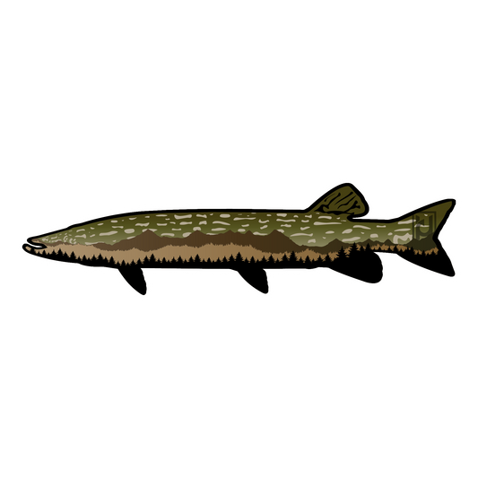 Northern Pike sticker modeled after our wood art! Includes the beautiful features of the Norther Pike accented with mountains and pine trees. 