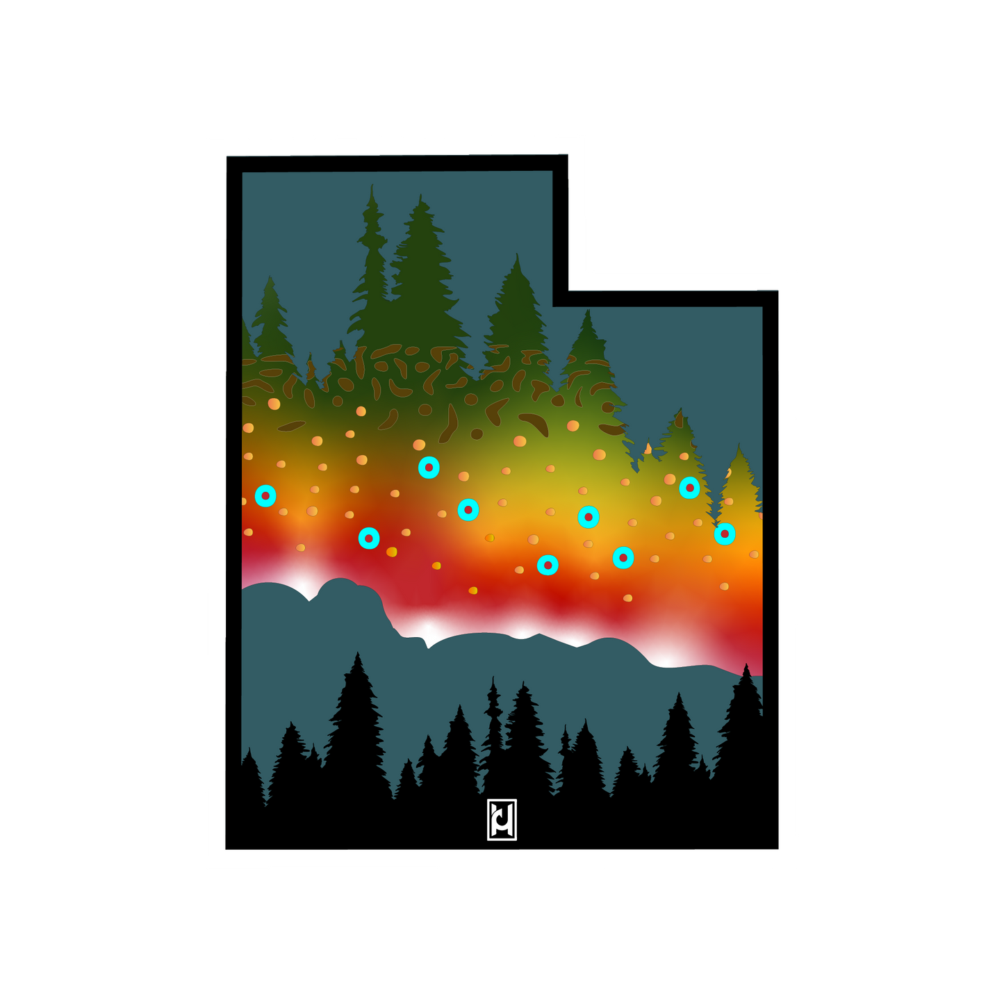 This one's for the Utah fans! Our Utah sticker features mountains, trees, and the brook trout design with bright colors.