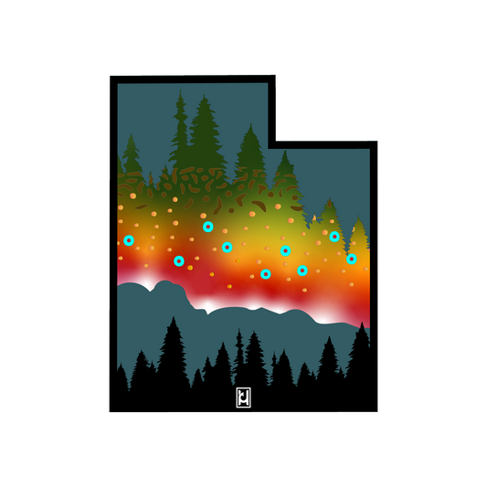 This one's for the Utah fans! Our Utah sticker features mountains, trees, and the brook trout design with bright colors.